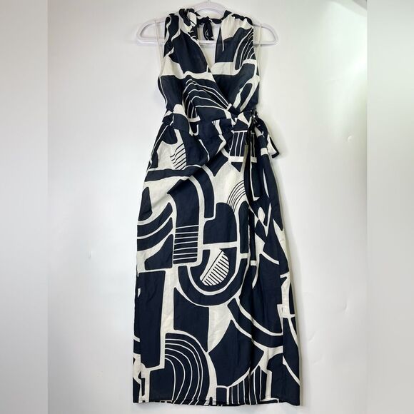 ZARA Nicole Halter Wrap Midi Dress Navy/White Print XS NEW - Picture 4 of 14